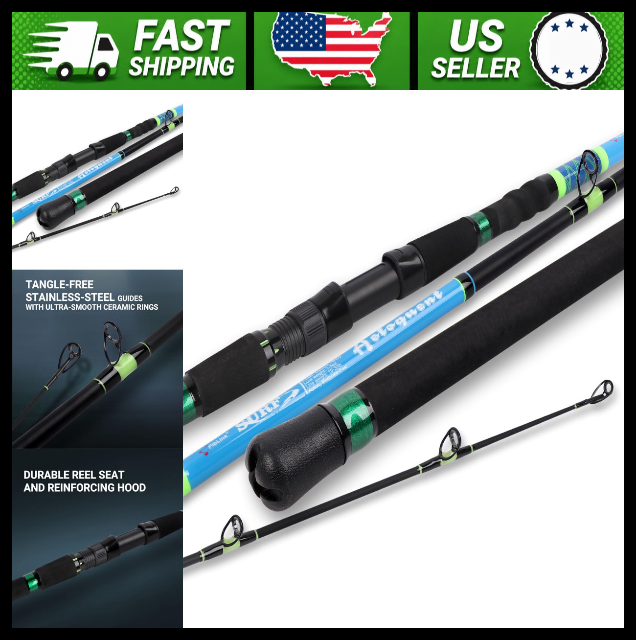 Fiblink 3-Piece Surf Fishing Rod Portable Carbon Fiber Spinning/Casting