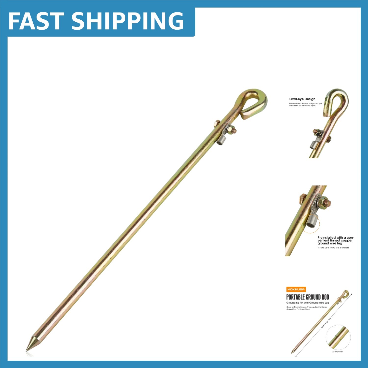 Compact Ground Rod with Preinstalled Copper Lug – Perfect for Outdoor Equipment