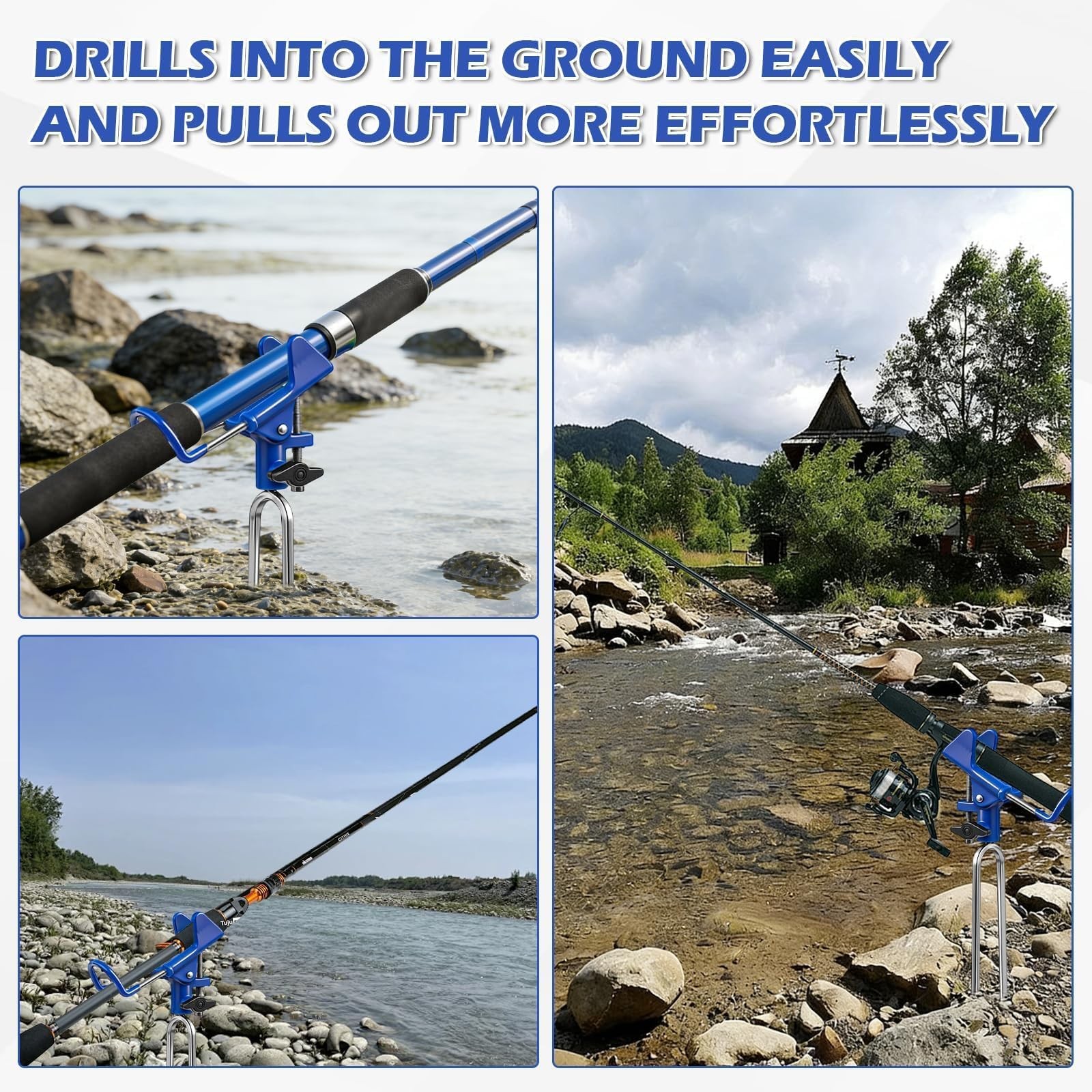 E-jades Fishing Rod Holder for Ground, 2pcs Pole 2 Pack, Blue -2 Pack