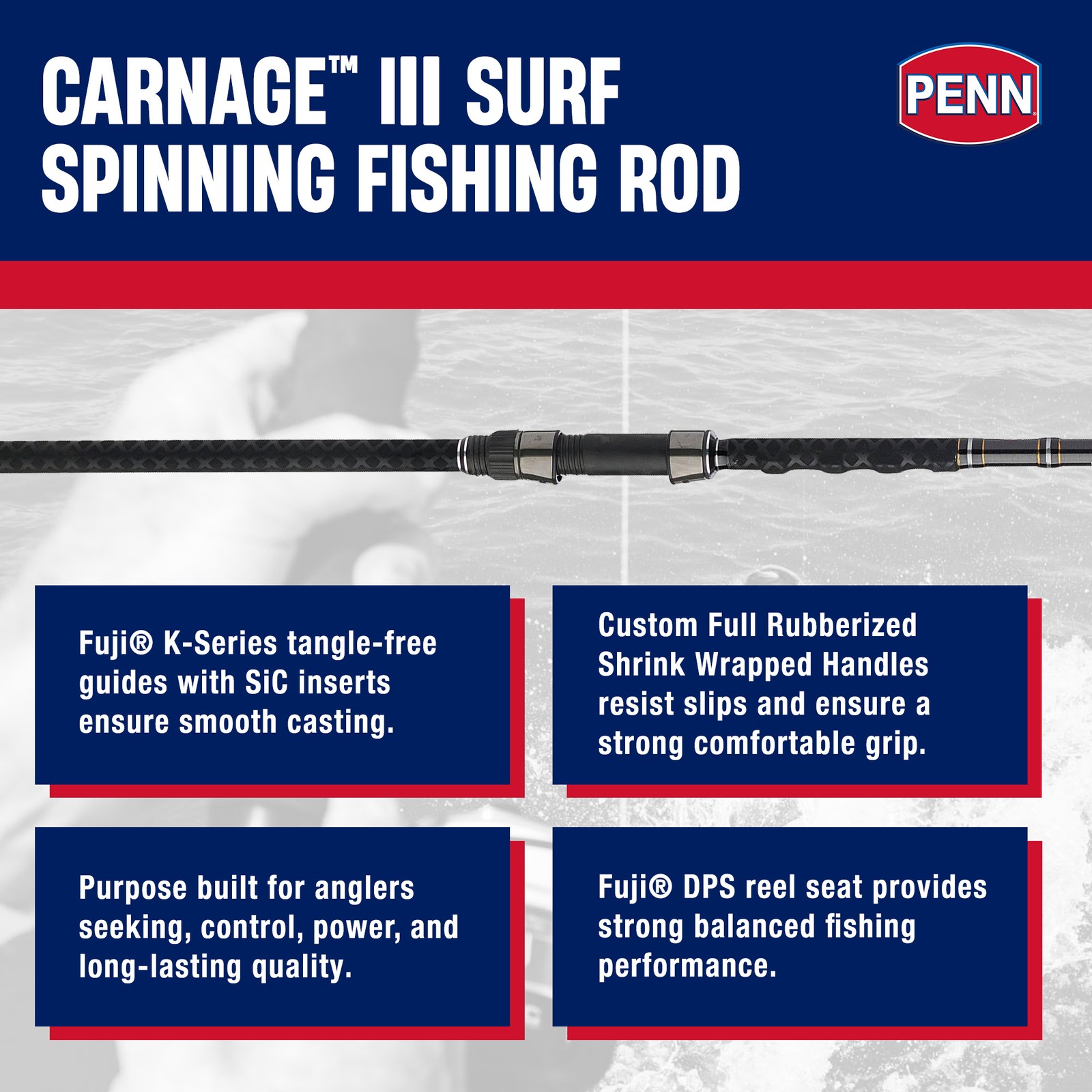 PENN Carnage III Spinning Surf Rod, 11′ Fishing Pole, Medium Heavy (Open Box)