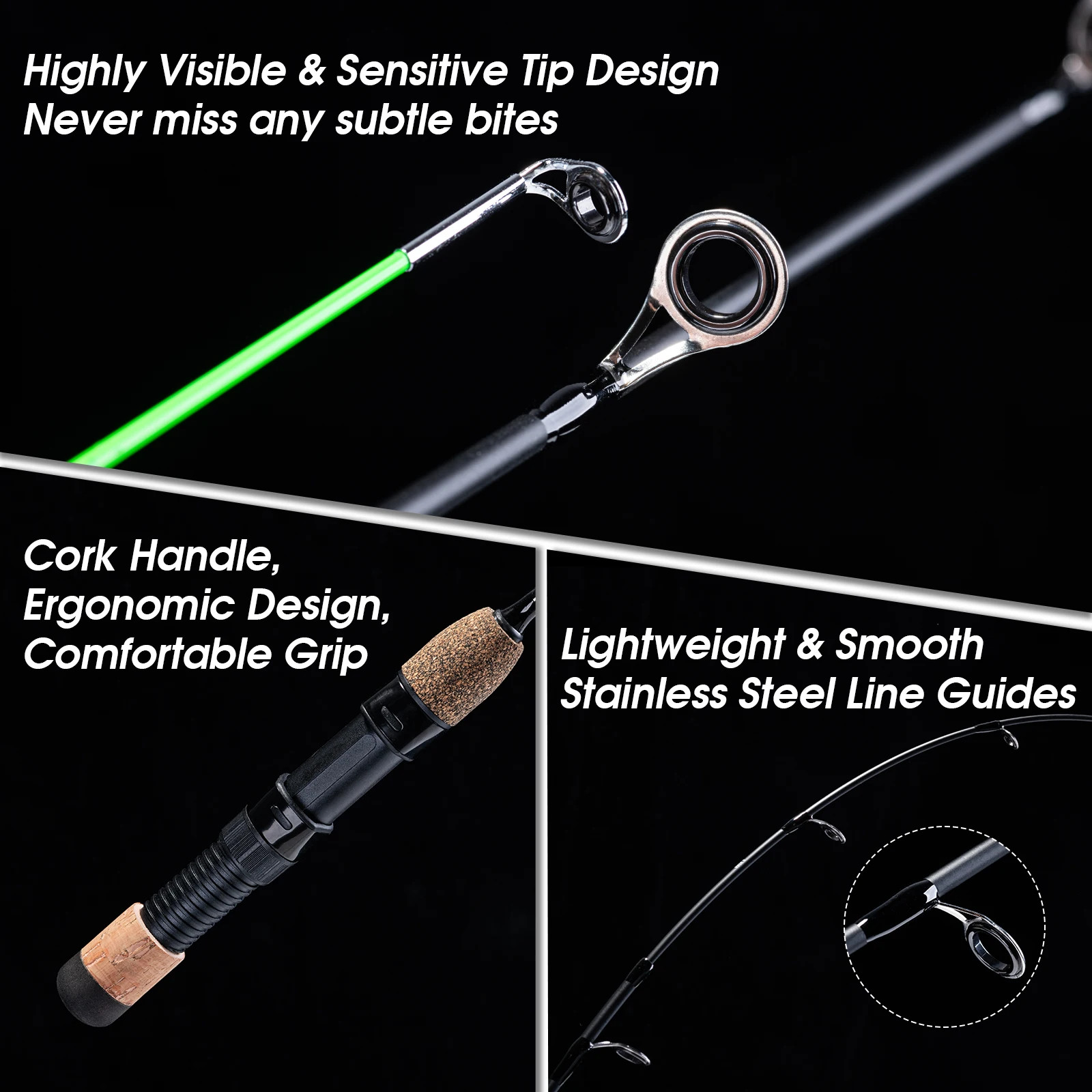 2 Tips Winter Ice Fishing Rods 32″ Spinning Rod M+MH Cork Handle Ice Pole UltraL