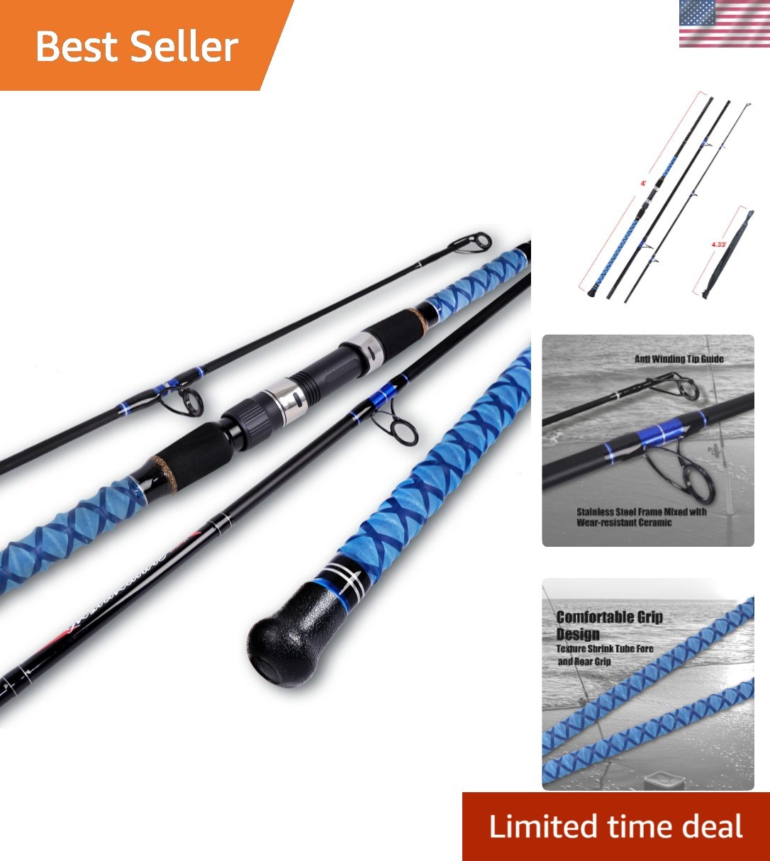 High-Performance 12ft Surf Spinning Fishing Rod 3 Piece – Lightweight & Strong