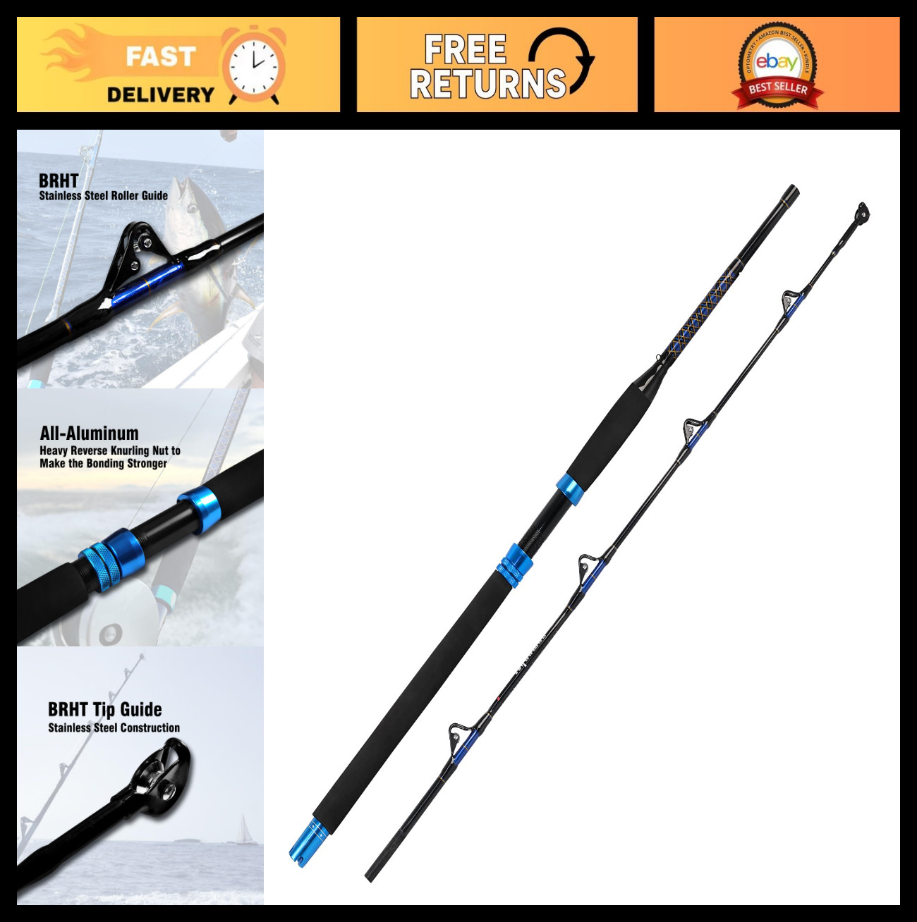 6ft Saltwater Trolling Rod – Carbon Fishing Pole for Offshore Boat Fishing, 30-1