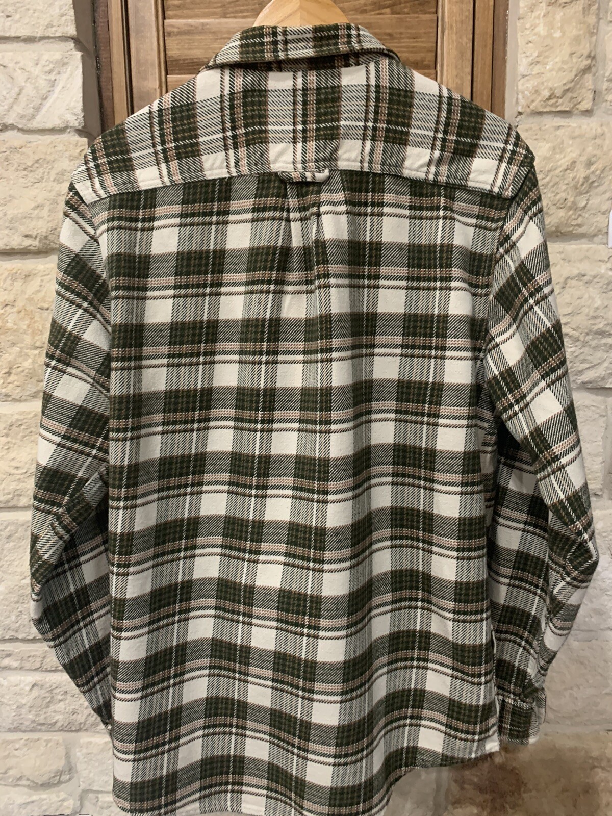 Orvis Men’s Flannel Plaid L/S Shirt Jacket Green & Ivory Side Pockets Size L EUC