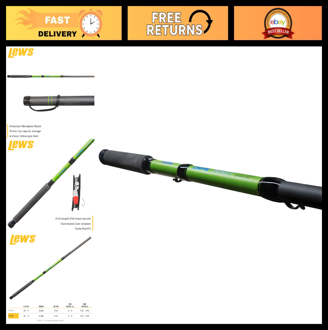 Telescopic Crappie Fishing Rod – Light Power, Fast Action, Fiberglass, EVA Handl