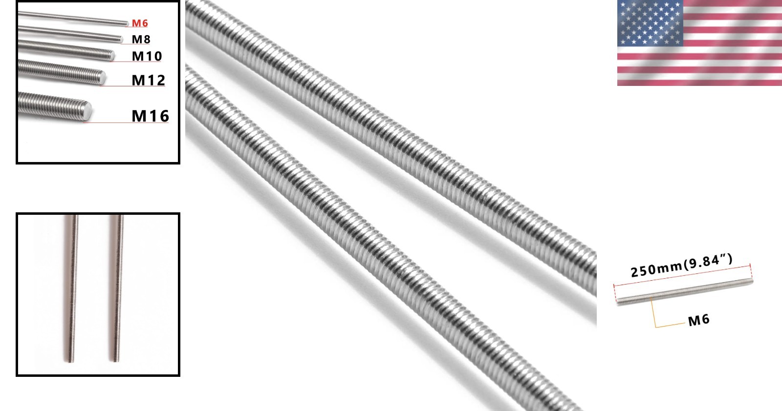 Versatile 250mm Stainless Steel M6-1.0 Fully Threaded Screw Rods – 2 Pieces