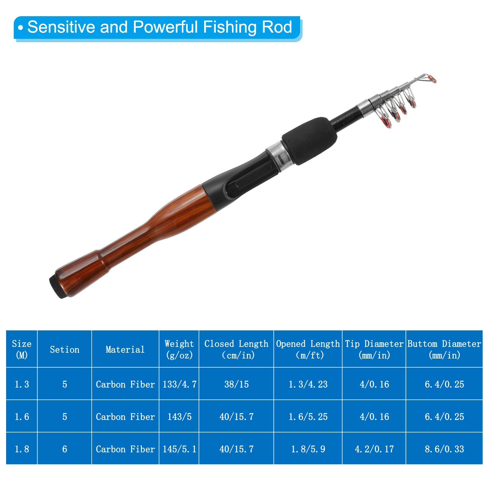 Telescopic Fishing Rod 1.3 m Carbon Fiber Mini Fishing Pole Black & Wood Color