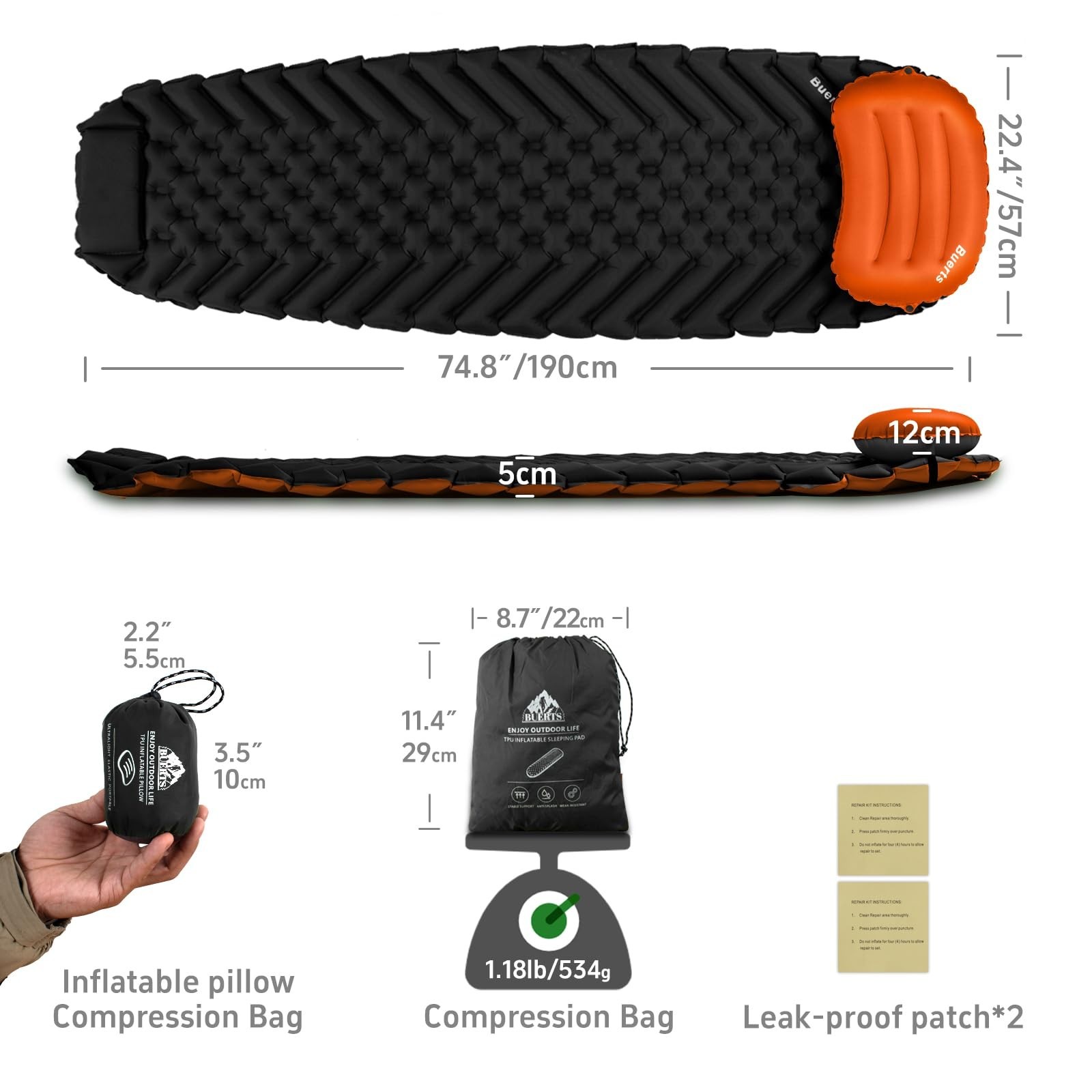 Camping Sleeping mat and Inflatable Pillow – Set, Portable, Ultra-Light, Thic…