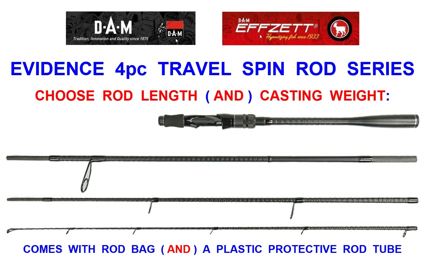 NEW DAM EVIDENCE 4pc TRAVEL SPIN ROD 40-TON CARBON GAME LURE SPINNING PIKE BASS