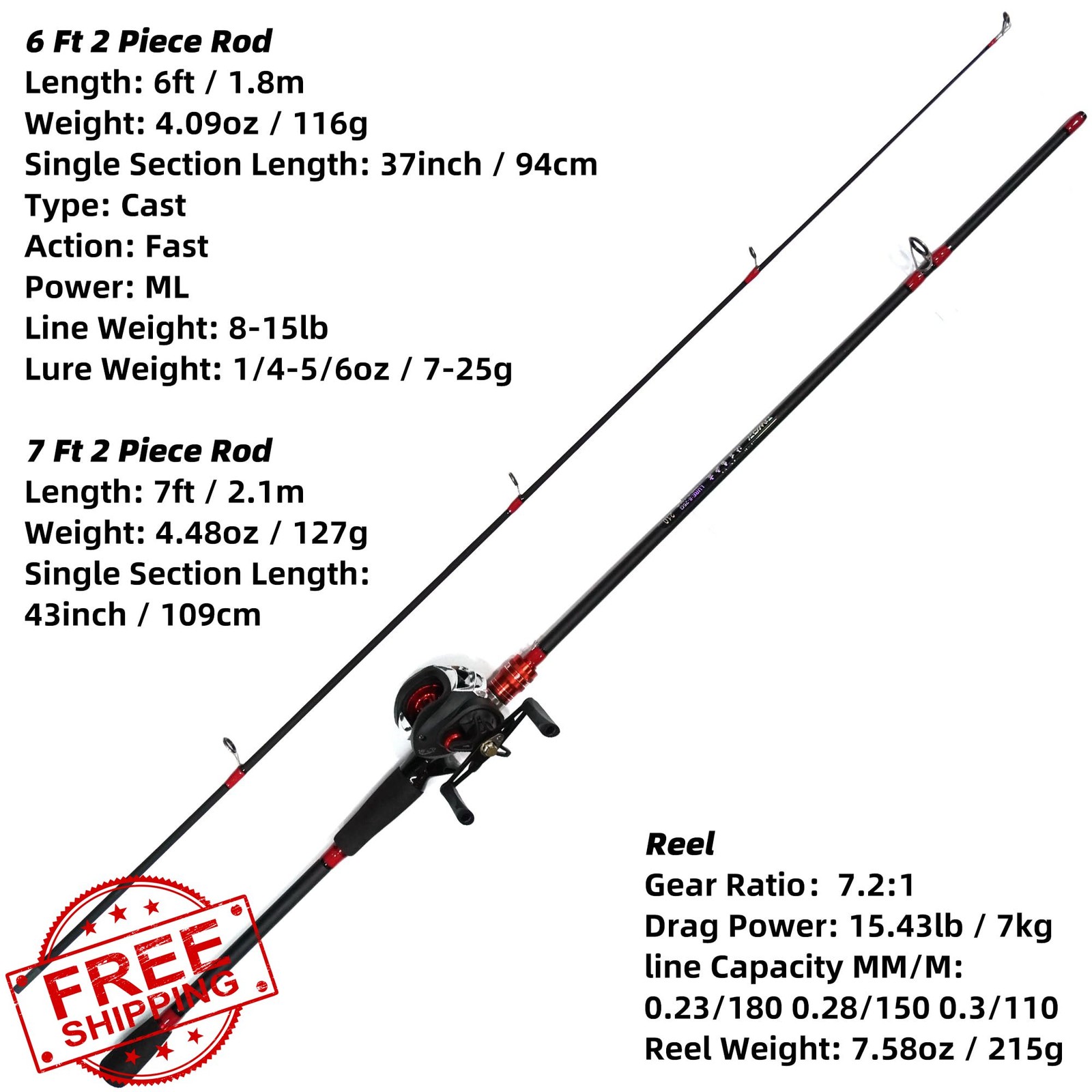 Kilitn Fishing Rod Reel Combo: Baitcasting, 6-7ft, Fiberglass Carbon