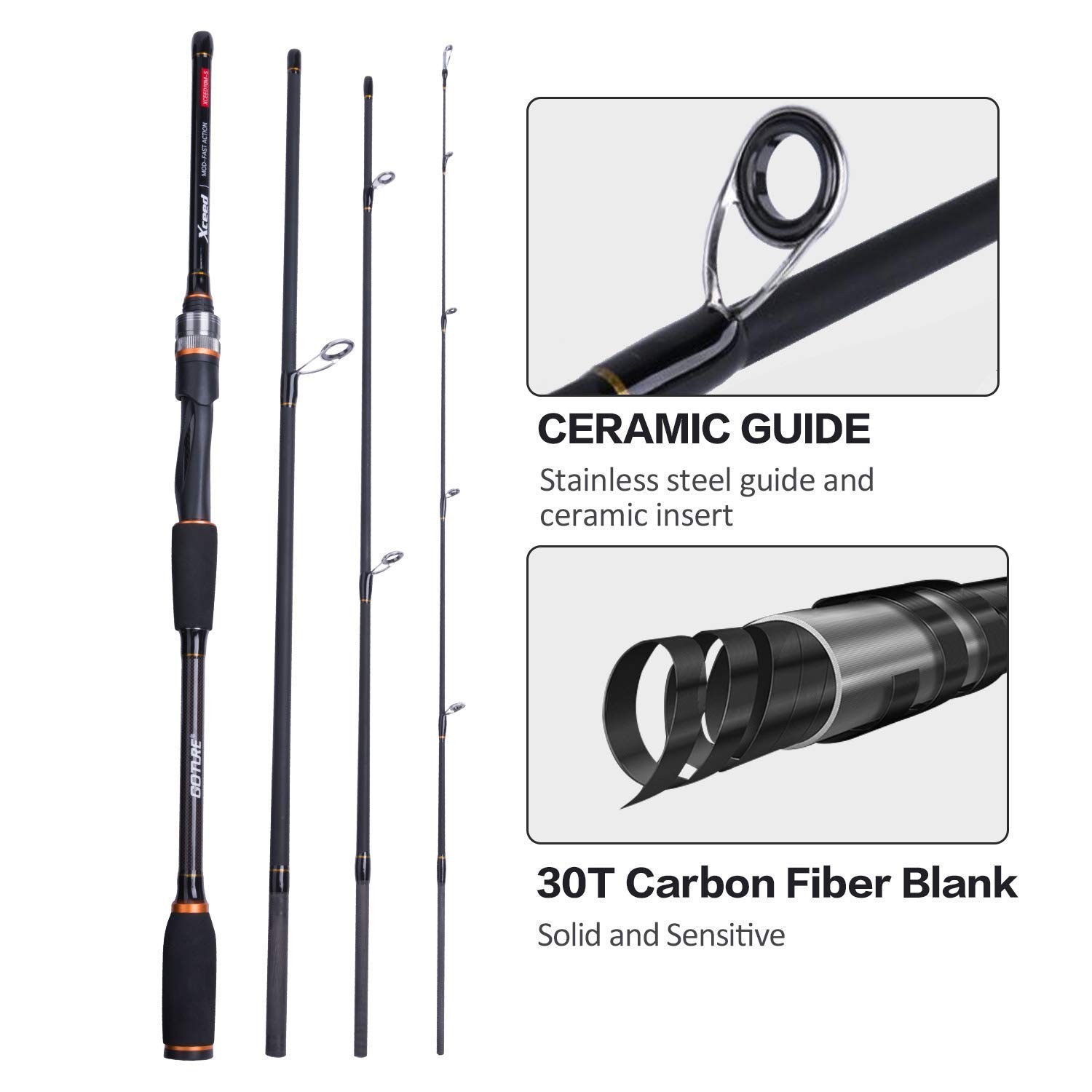 Goture Fishing Rods Spinning Travel Fishing Pole Pack Case Portable 4 Sections