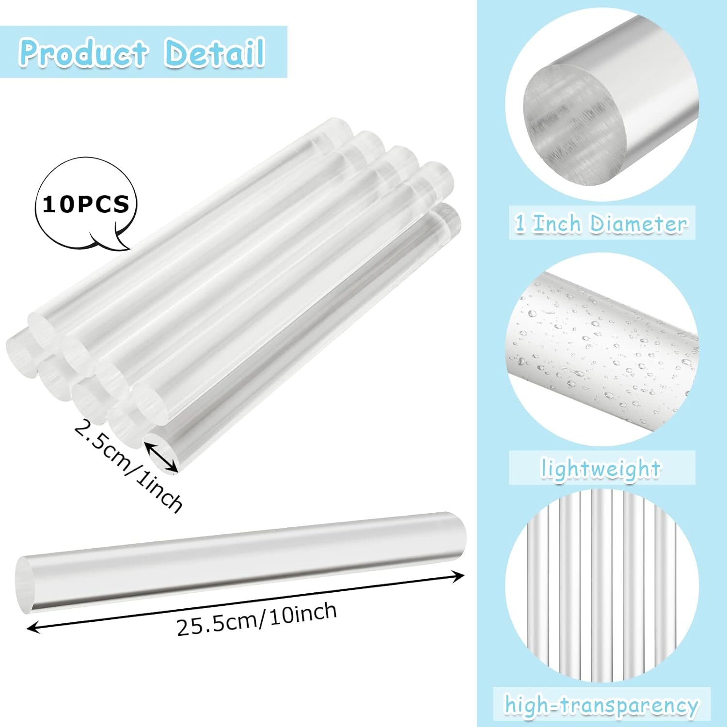 10 Packs 10 Inches Acrylic Rods 1 Inch Diameter Acrylic Sticks Plastic Dowel