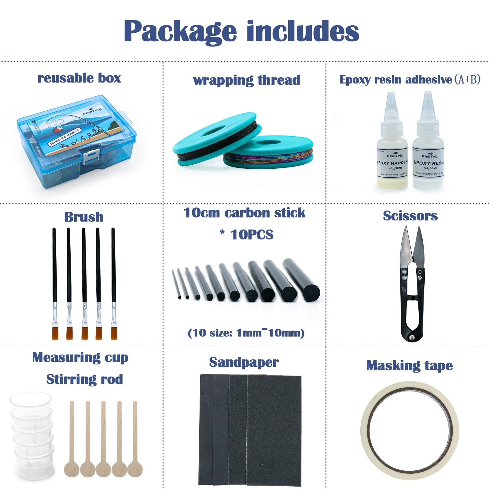Fishing Rod Repair Kit Complete with Epoxy,10pcs Carbon Fiber Sticks Pole Bui…