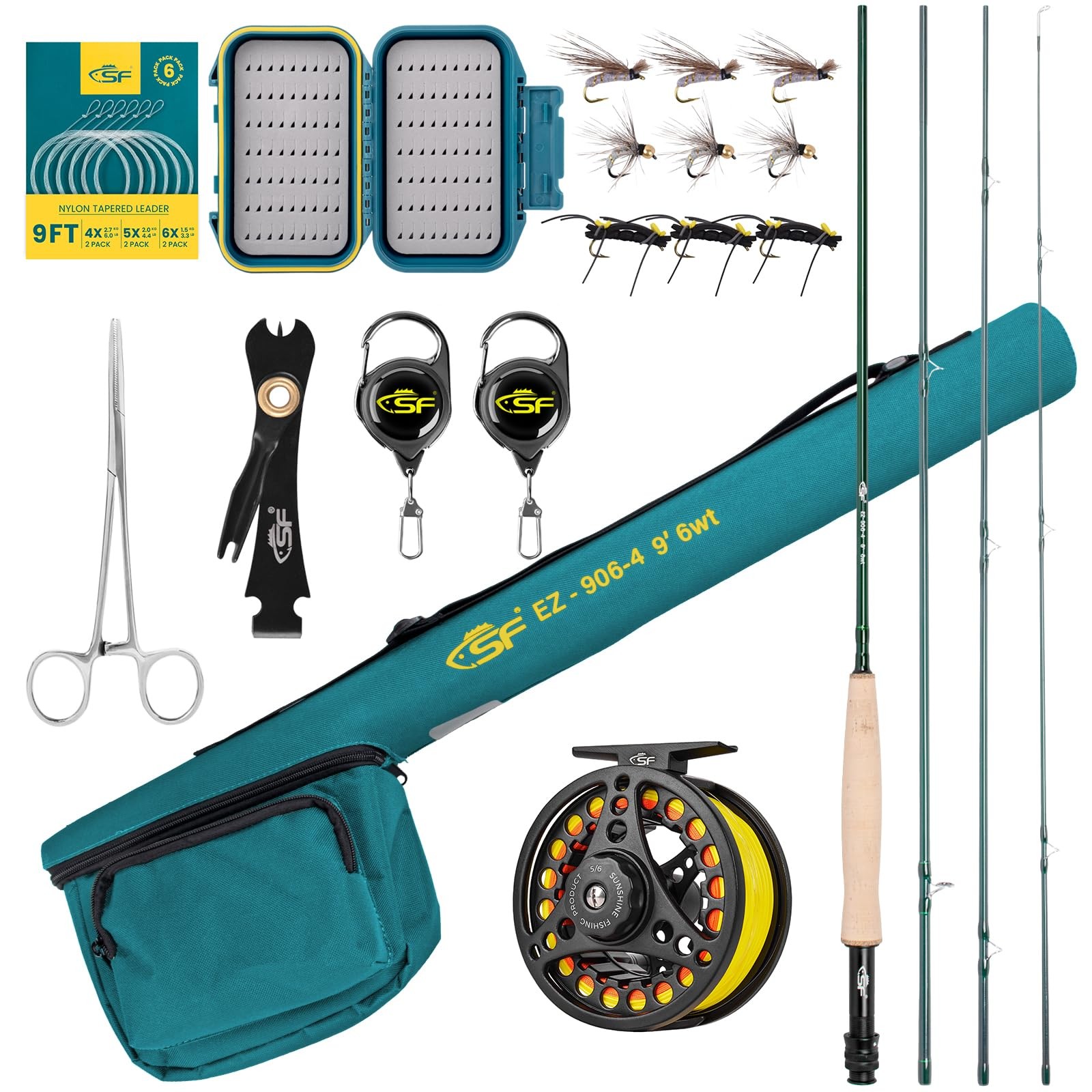SF 6WT 9FT Fly Fishing Rod Combo Starter Kit 4 Piece Semi Gloss Green Jade Fi…