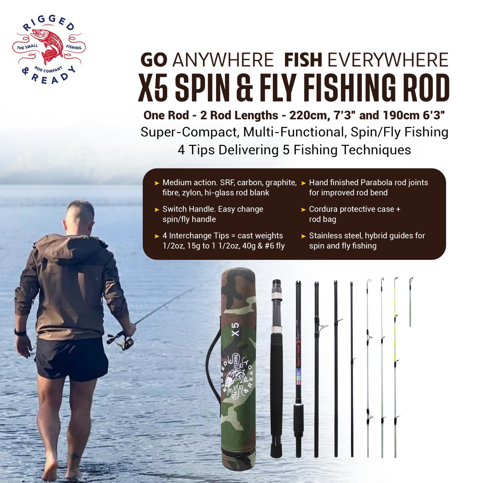 Rigged & Ready X5 Travel Fishing Rod. Spin-Fly, Super-Compact, Multi-Function…