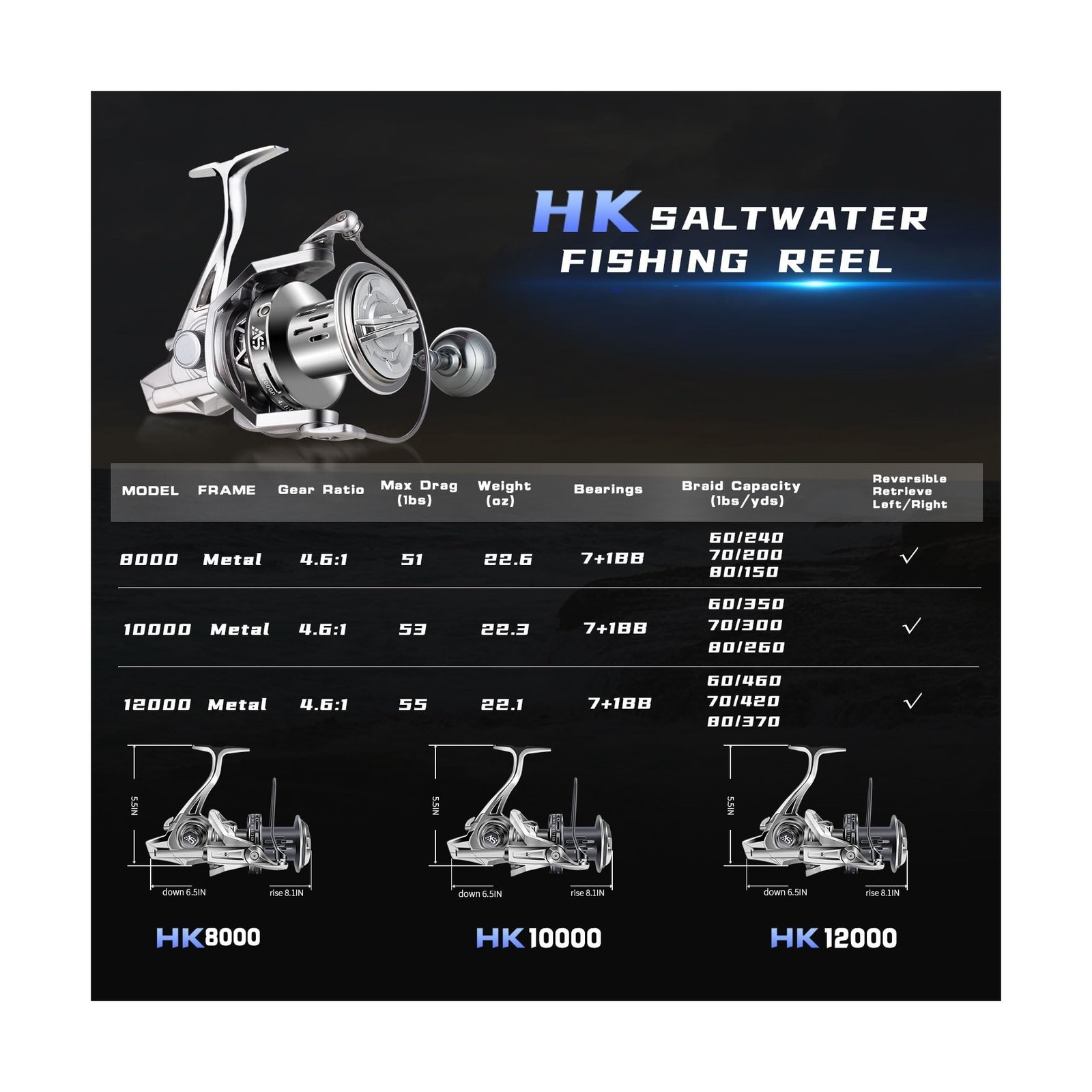GARRET Spinning Reel, 8000/10000/12000 Aluminum Frame Surf Fishing Reels, Car…