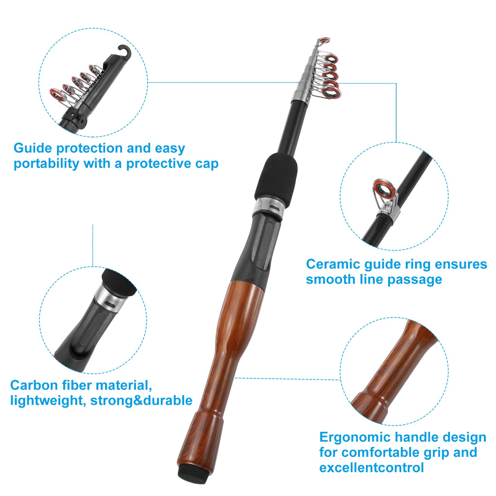 Telescopic Fishing Rod 1.6M Fiberglass Fishing Poles Black Wood
