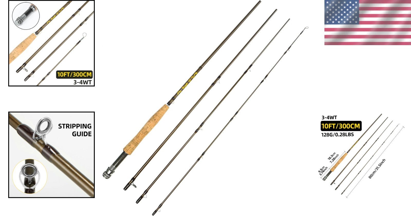 Fly Fishing Rod Carbon Fiber 10ft 3-4wt 4 Piece Sections Medium-Fast Action