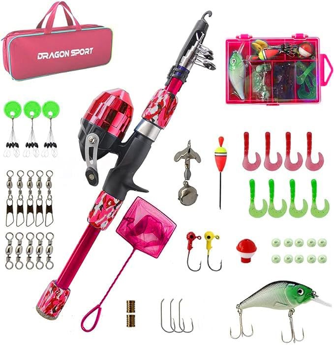 Kids Fishing Pole Spincast Youth Tackle Box – with Large, Pink