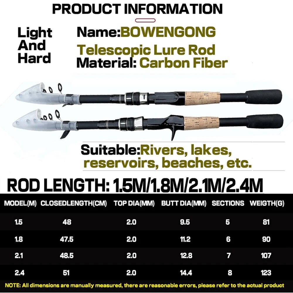 Ultra-Light Fishing Rod Carbon Fiber Spinning Casting Pole Handle Telescopic Rod