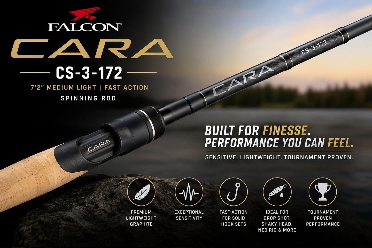 Falcon Cara CS-3-172 Spinning Rod 7’2” Medium Light Fast Action Finesse Bass Rod