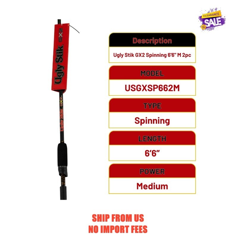 Ugly Stik GX2 Spinning Rod, 6’6″ Medium Fishing Rod, 2 Piece