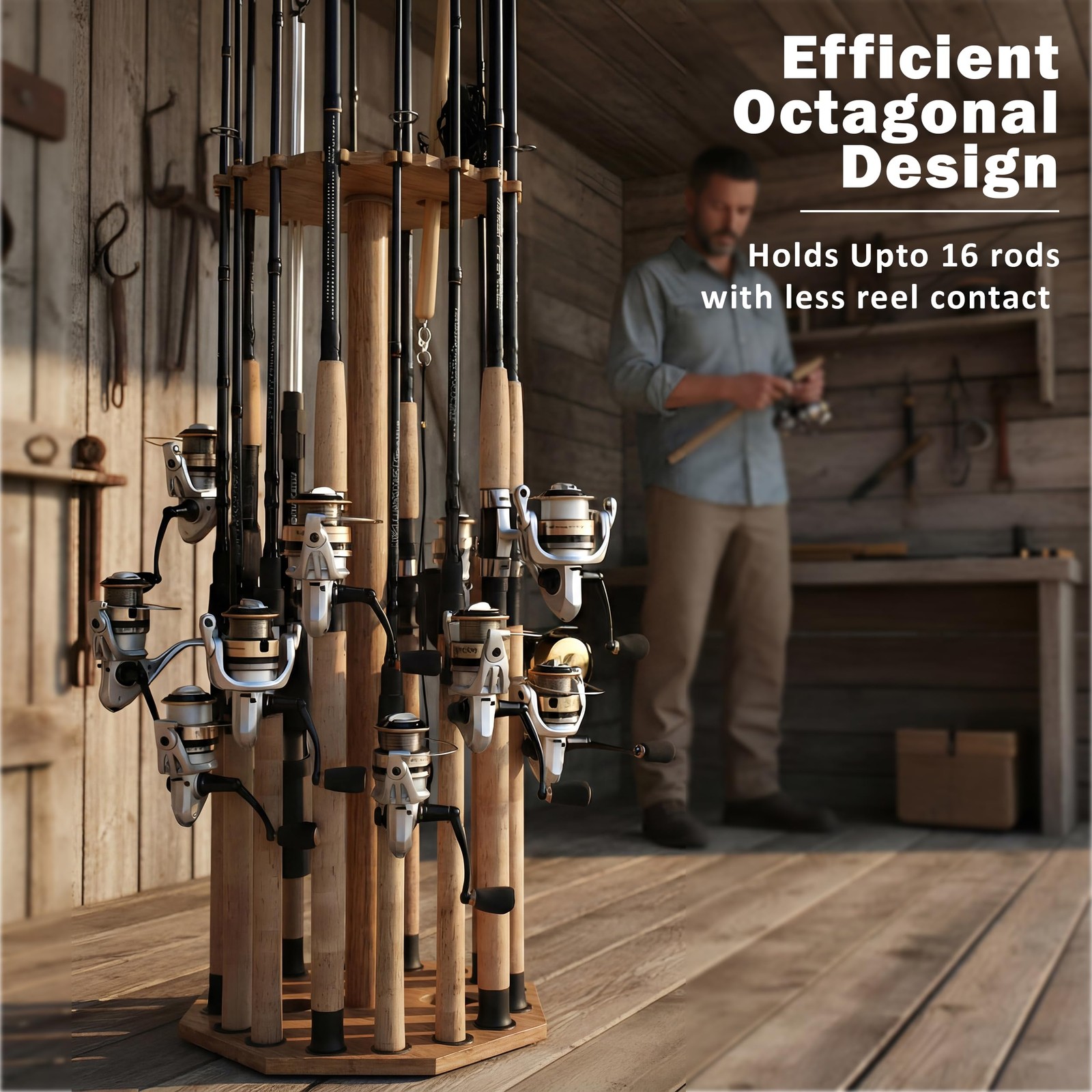 Rush Creek Creations 16-Rod Round Fishing Rod Holder for 16-Rod, Wood Grain