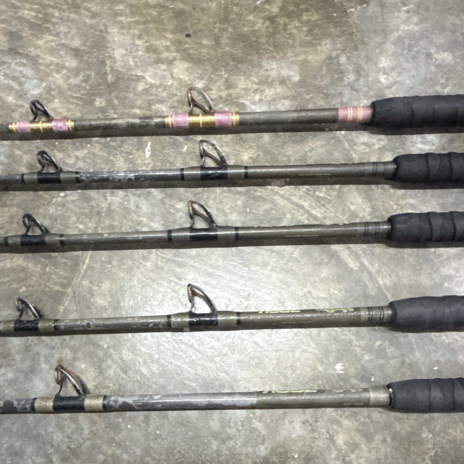 5- Custom tuna rods- used- Calstar blanks- Winthrop tips except 1 of them.
