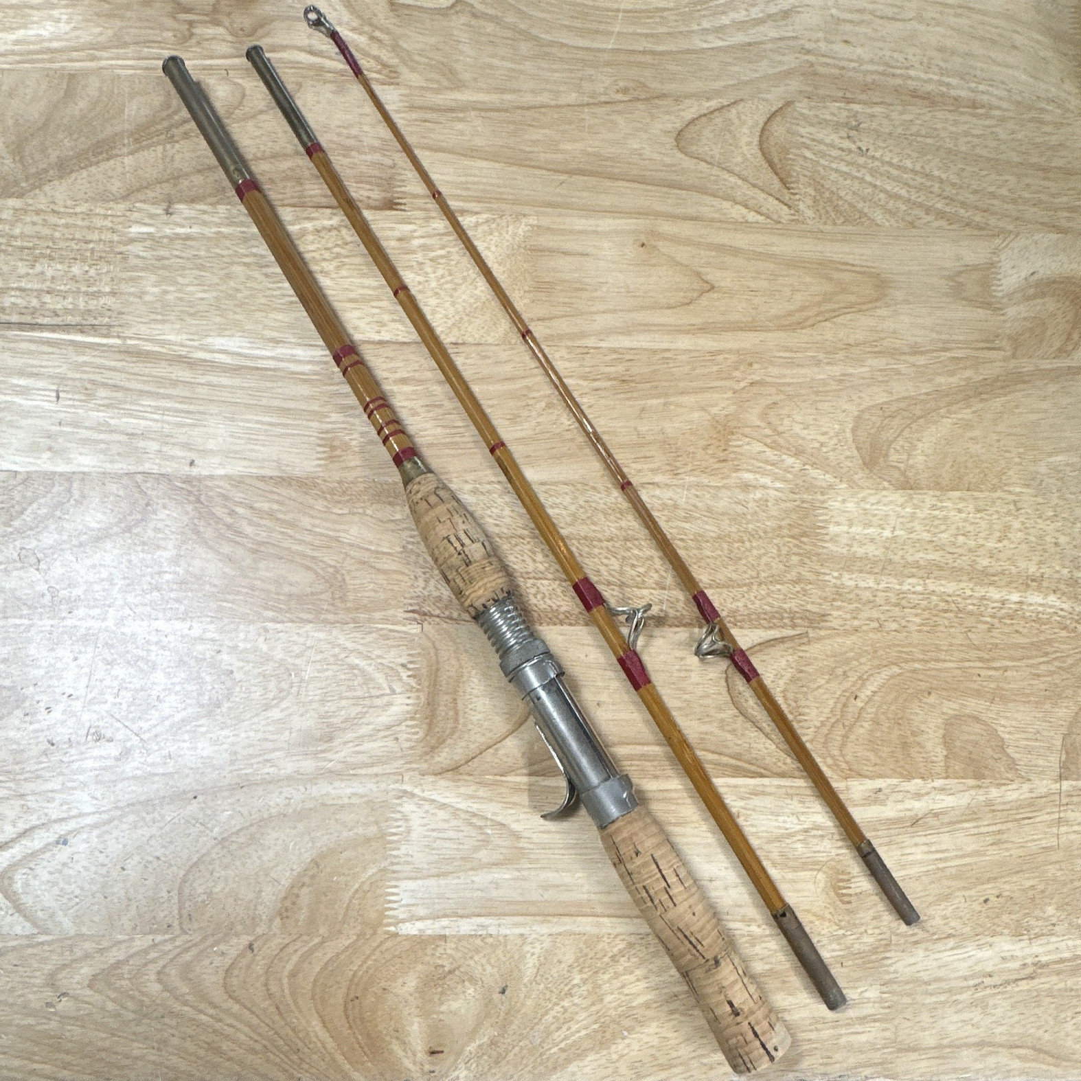 Vintage 3-Piece Bamboo casting Rod 5 ft Cork Metal Reel Seat refurbished