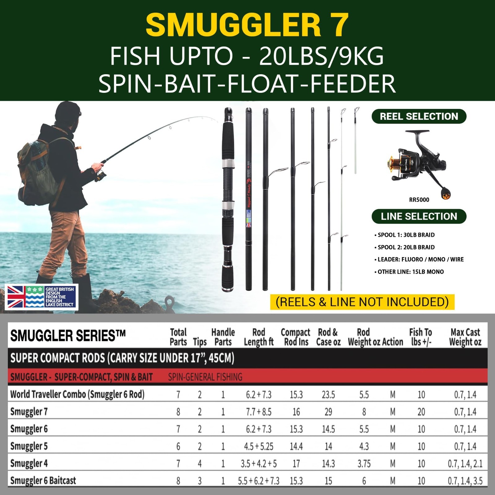 Smuggler 7 Compact Portable Travel Fishing Rod & Case 8.5’ spin ,general fishing