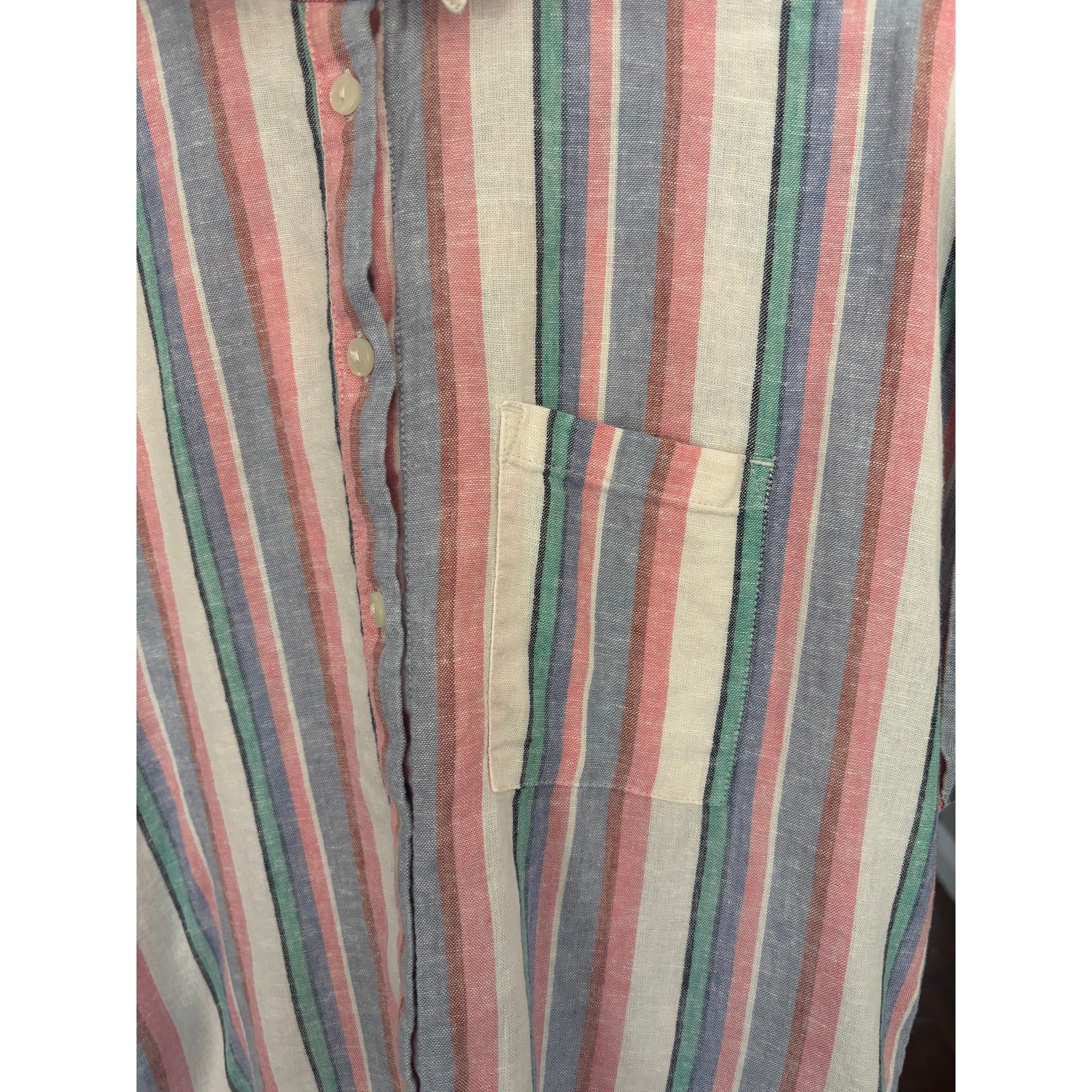 Orvis Classic Collection Multicolor Stripe Linen Blend SS Button Down Shirt M
