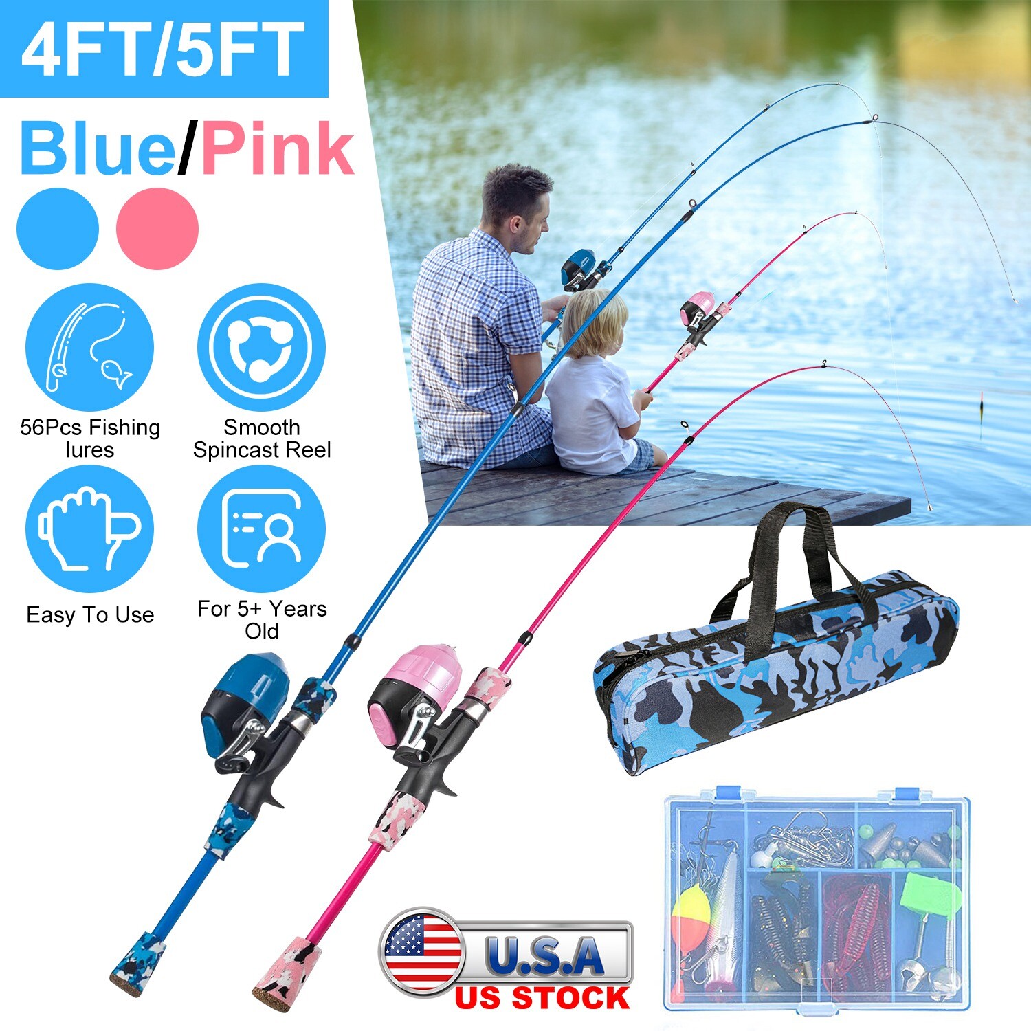 Toddler Kids Boys Girls Telescopic Fishing Rod and Reel Combo Kit w/ Tackle Box