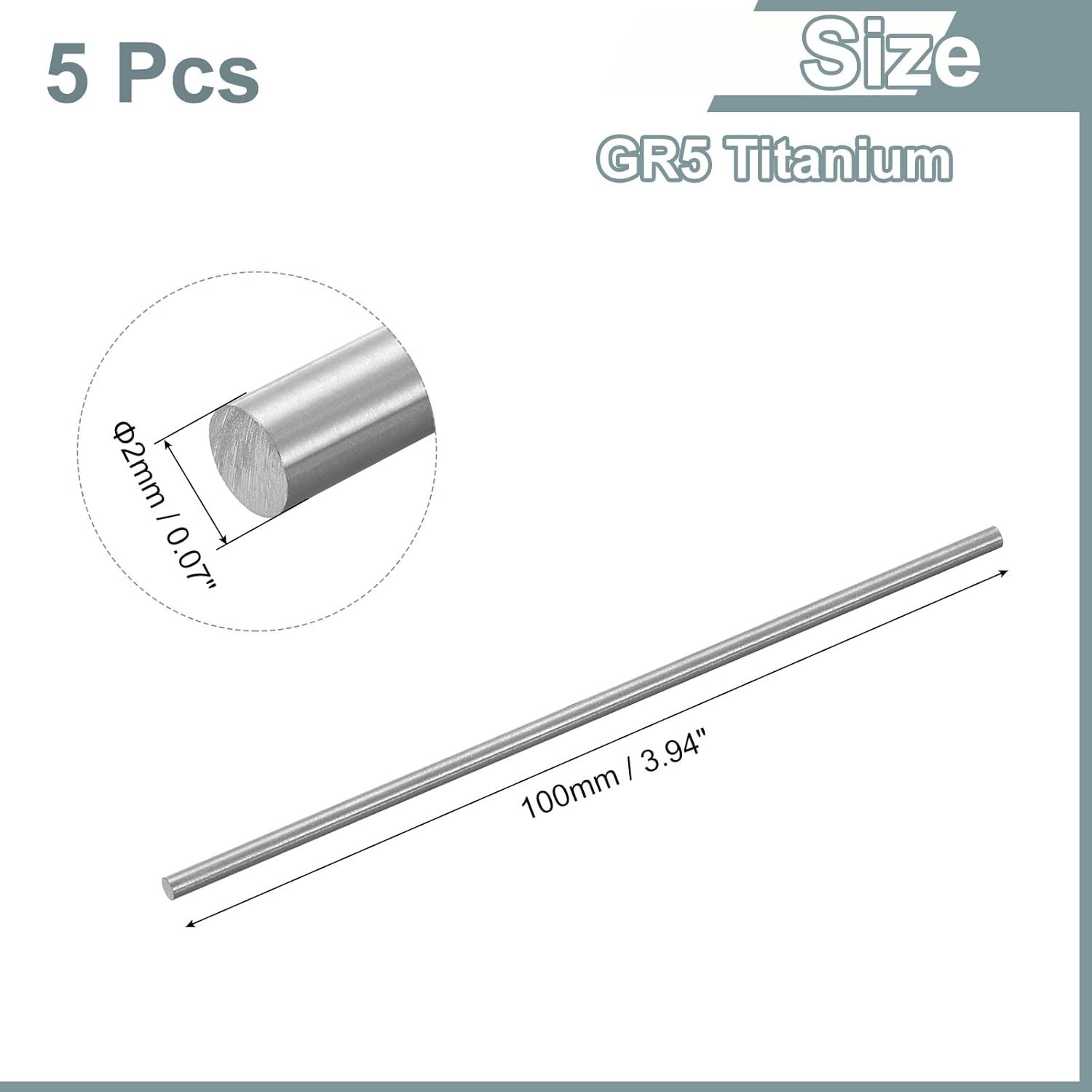 Set of 5 GR5 Titanium Round Bar Rods 2mm x 100mm | Versatile Metalworking Supply