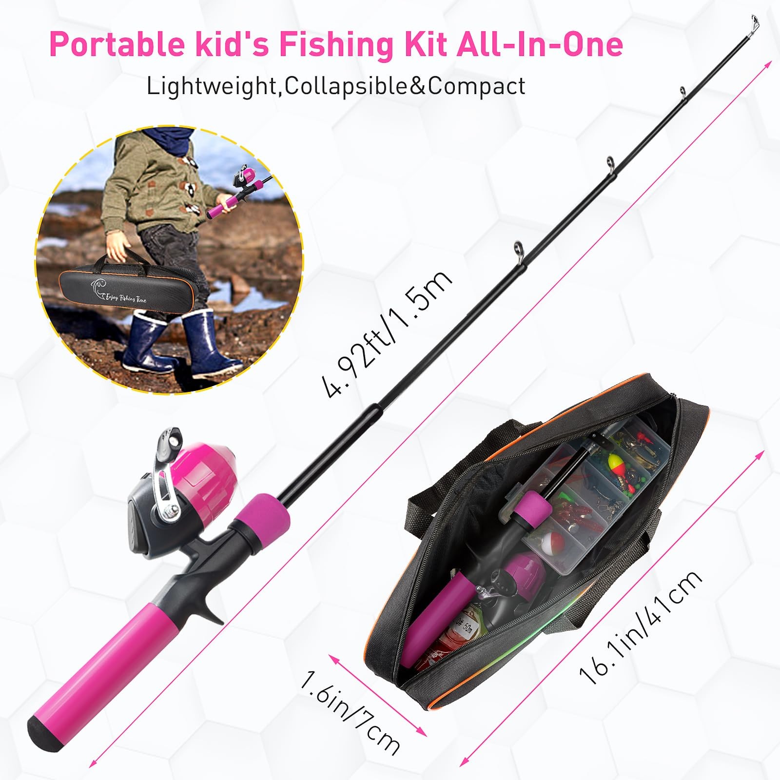 Kids Fishing Pole Kit, 59” Telescopic Rod and Reel Beginner Combo with Pink