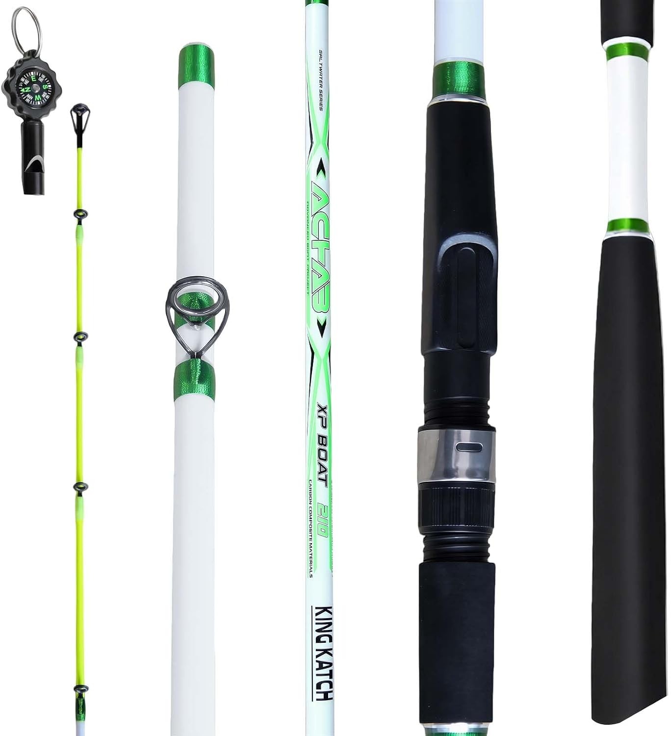 7’0″ White & Green Spinning Fishing Rod Carbon Graphite Boat & Inshore Rod Solid