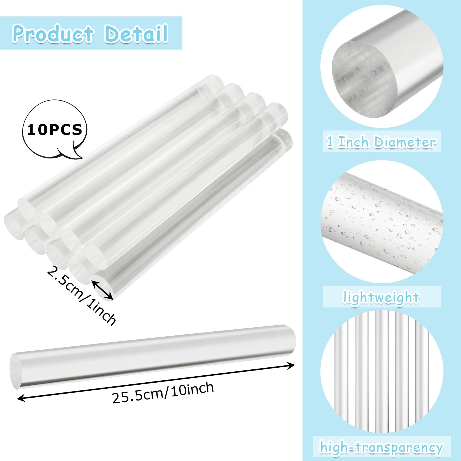 10 Pack 1 Inch Dia x 10 In Clear Round Acrylic Plastic Dowel Rods Sticks