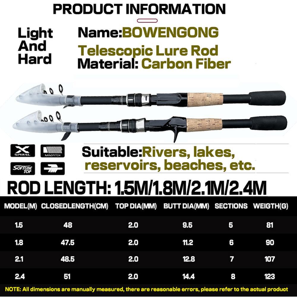 Ultra-Light Fishing Rod Carbon Fiber Spinning Casting Pole Handle Telescopic Sea