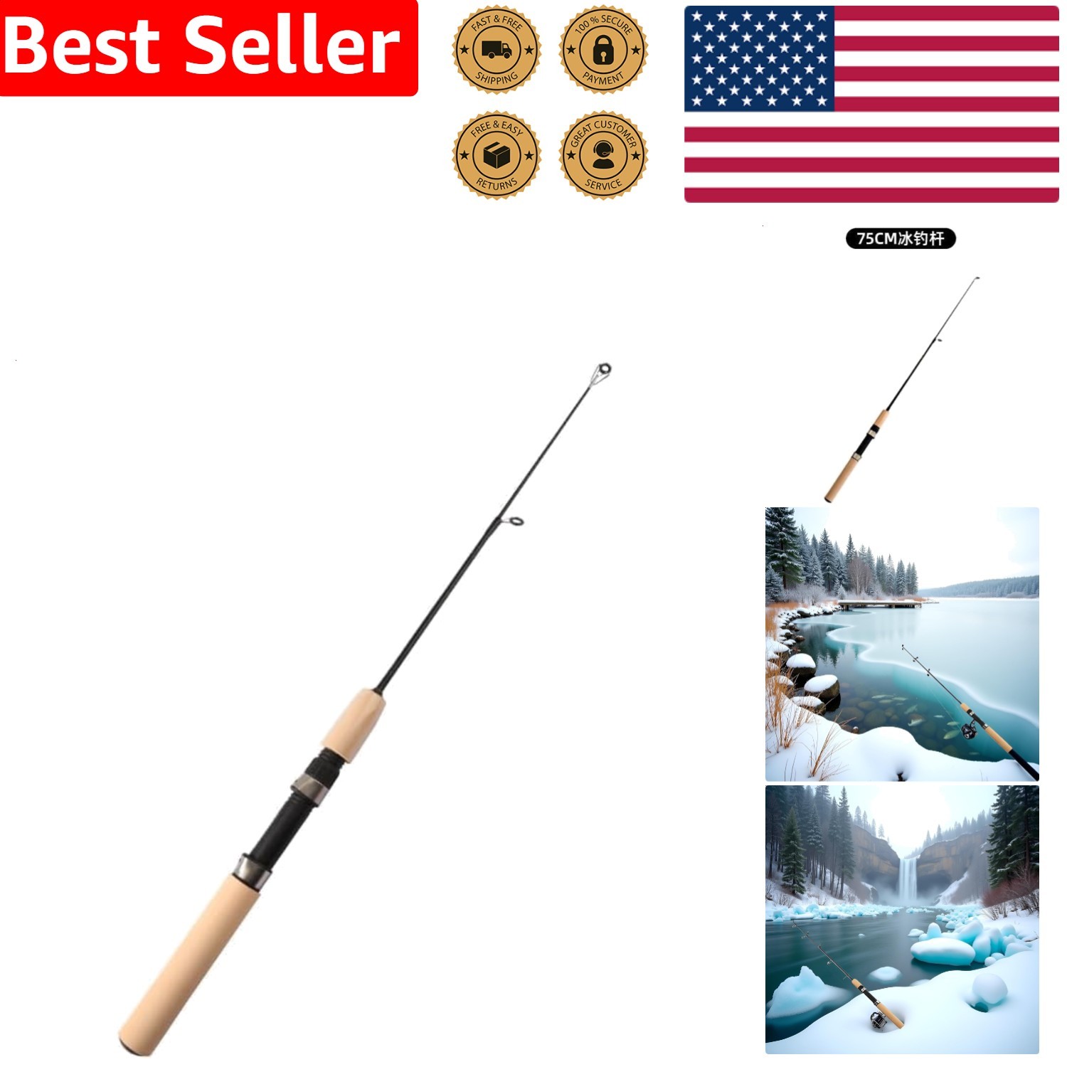 LCE Ice Fishing Rod Pen Pole Carbon Fiber Spinning Casting Tackle 75cm