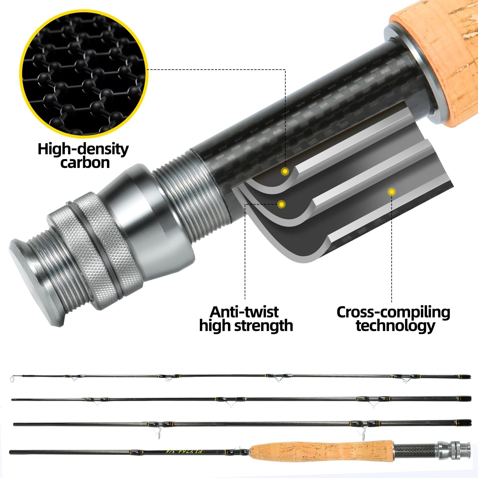 Portable Carbon Fiber Fly Fishing Rod 4 Pieces, Lightweight Fast Action 6’8″ 2-3