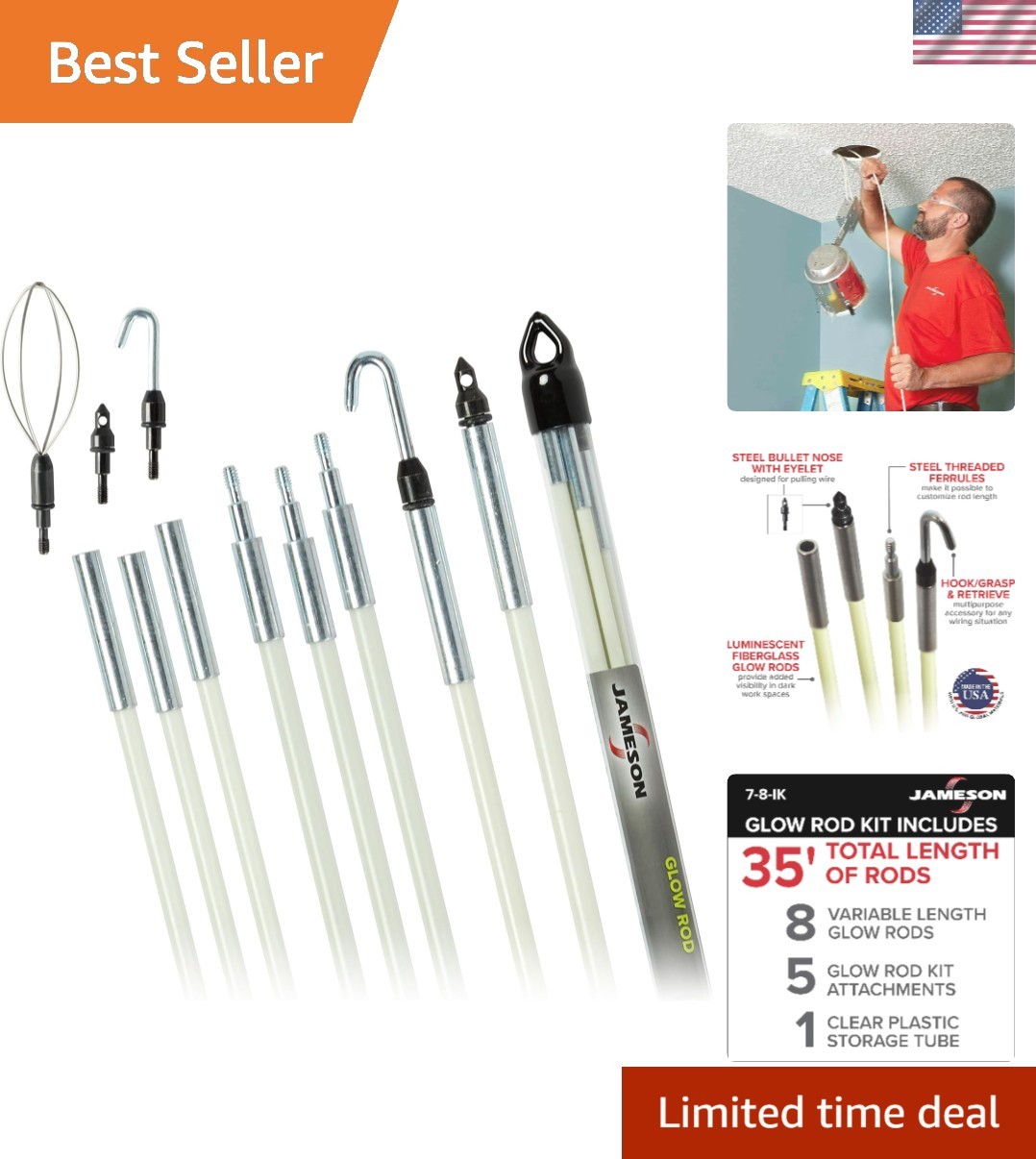Jameson 35” Fiberglass Glow Rod Kit: Ultimate Fly Fishing Gear for Trout & Bass