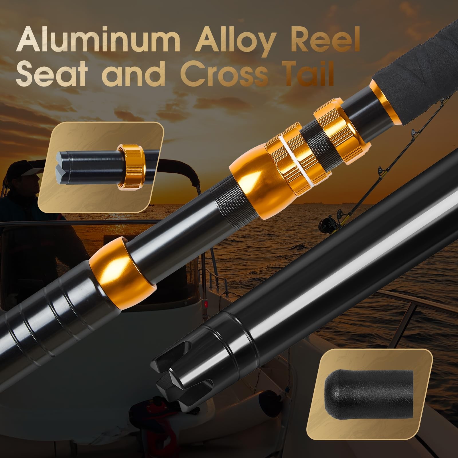TRHUNTER Offshore Trolling Rod Saltwater Big Game 6’6” Bent, black and gold