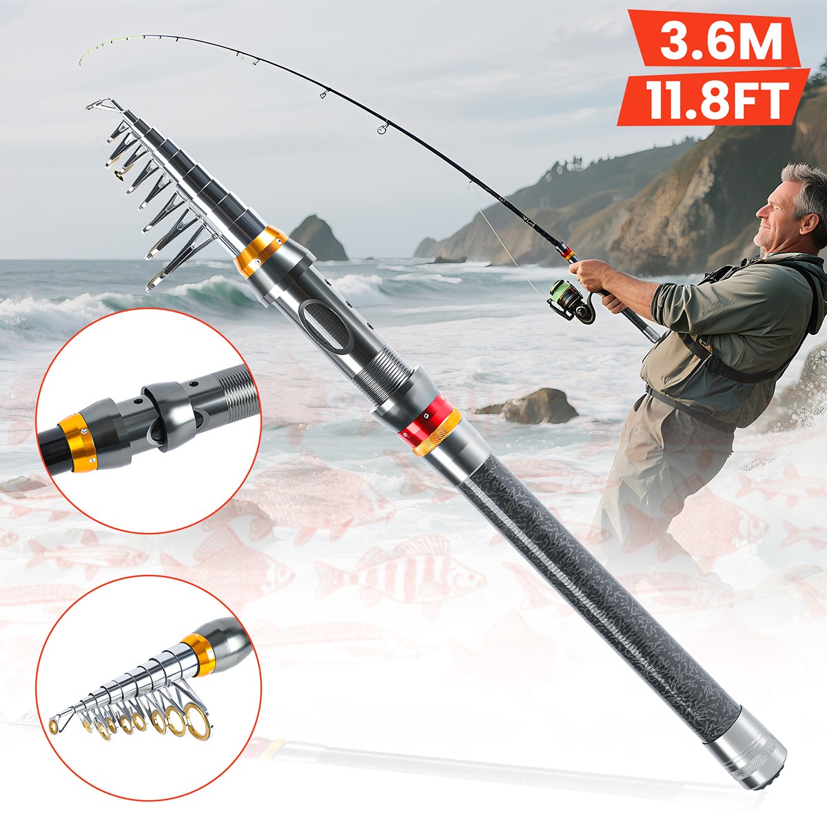 Carbon Fiber Telescopic Fishing Rod Sea 2.1-3.6M Saltwater Portabl Spinning Pole
