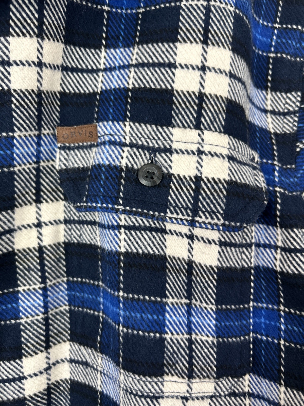 Orvis Mens XXL Blue White Plaid Flannel Pockets Heavyweight Outdoor Shirt Jacket