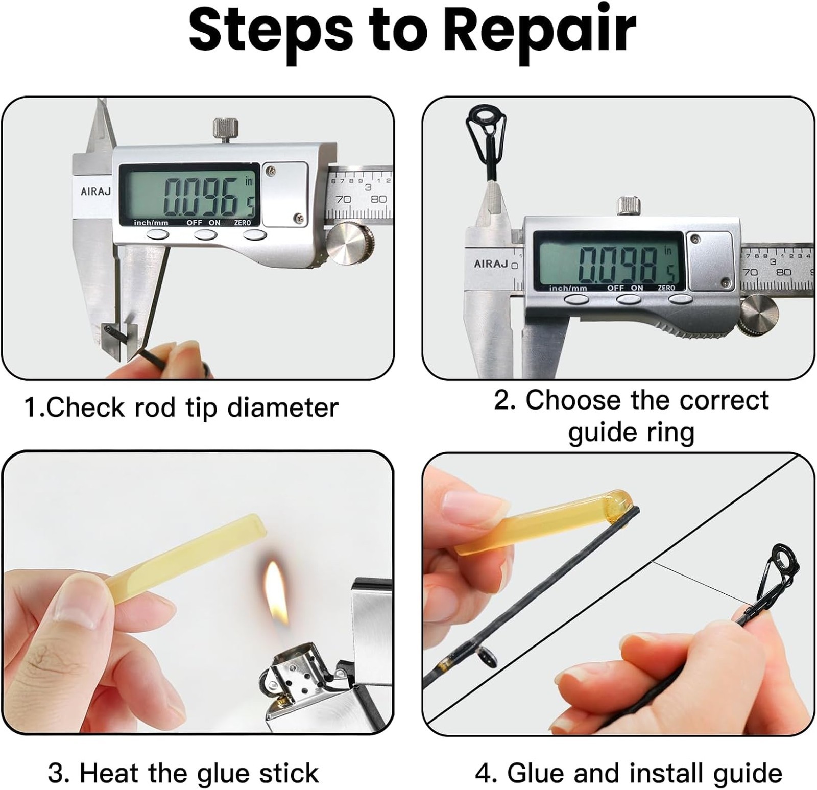 Fishing Rod Tip Repair Kit Stainless Steel Ceramic Guides Ring Replacement Set