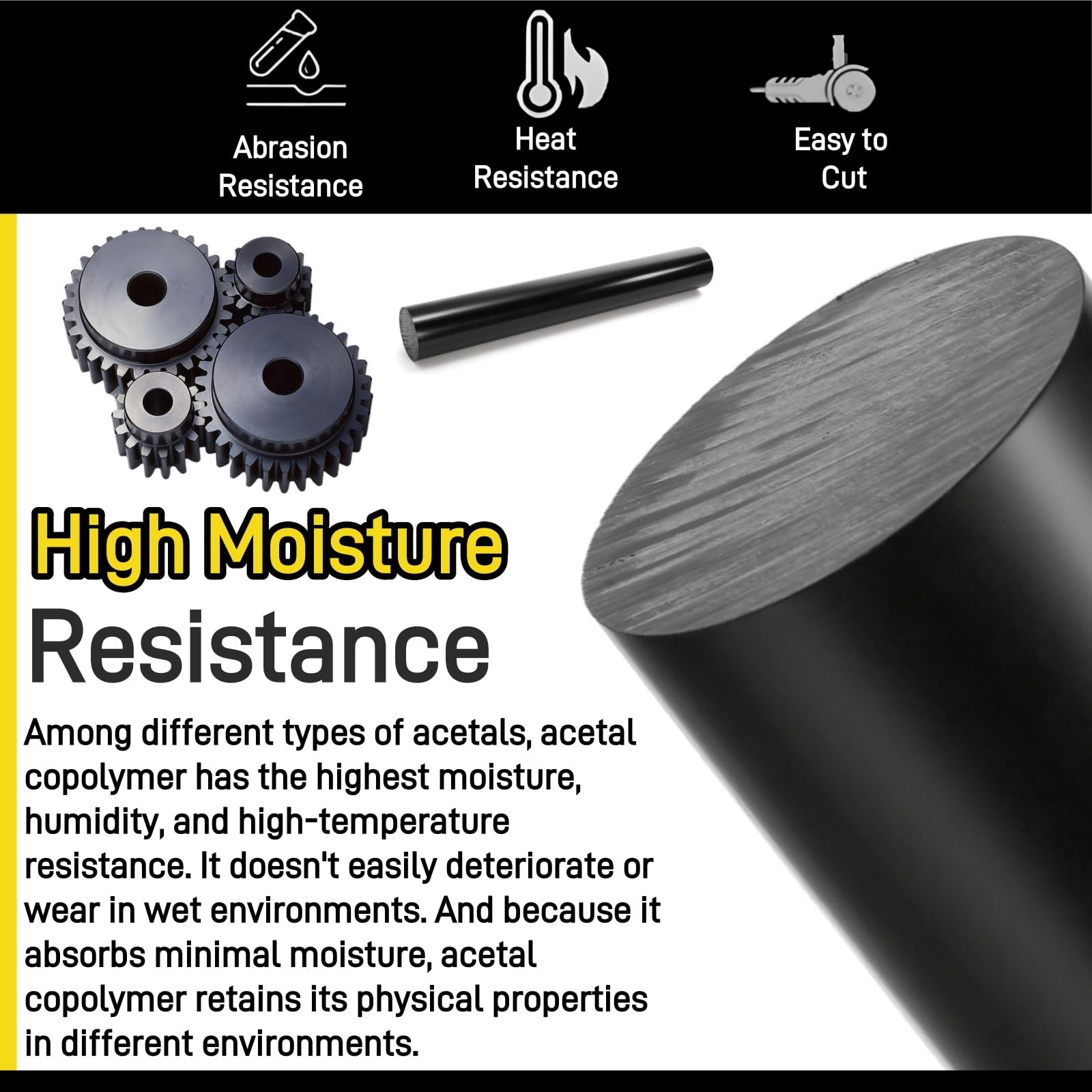 2 Pack Round Acetal Copolymer Rods 1.6×11.9 Inch Heavy Duty Black POM Plastic
