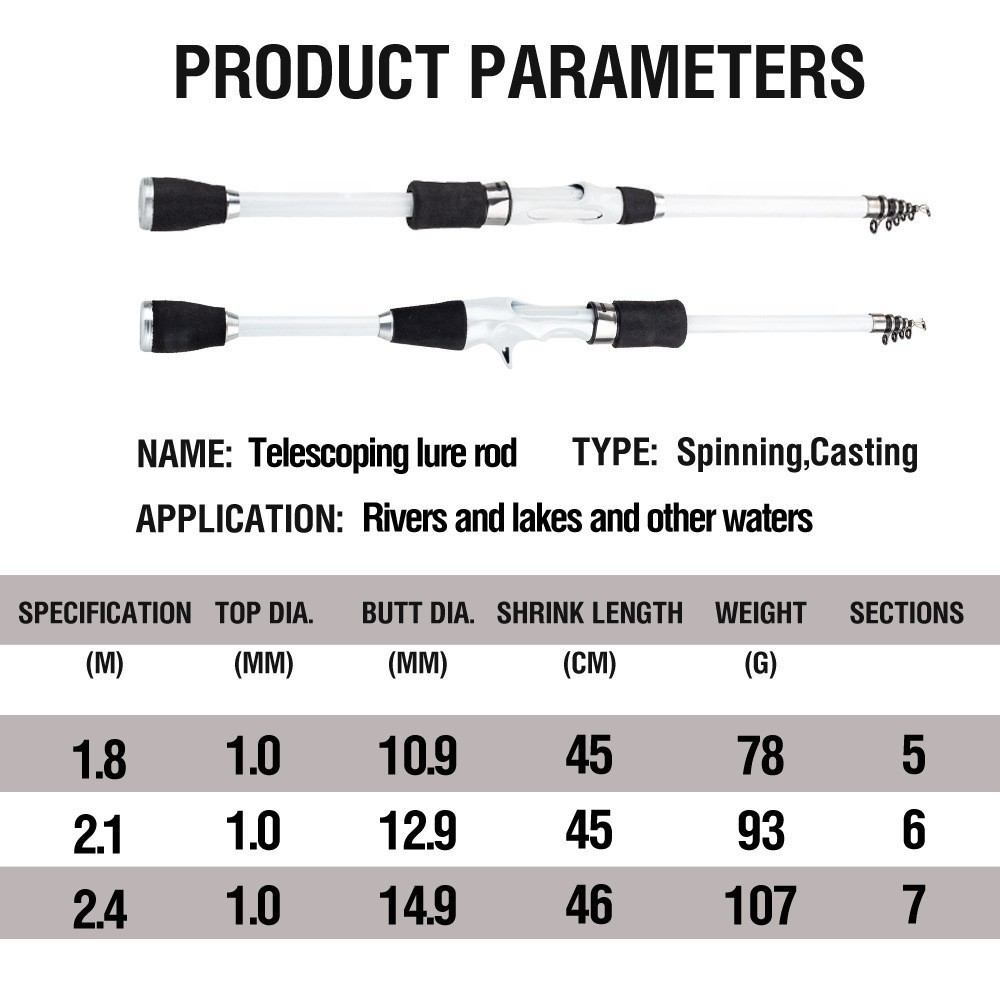 Collapsible Fishing Rod 1.8m 2.1m 2.4m Telescopic Design for River Lake Angling