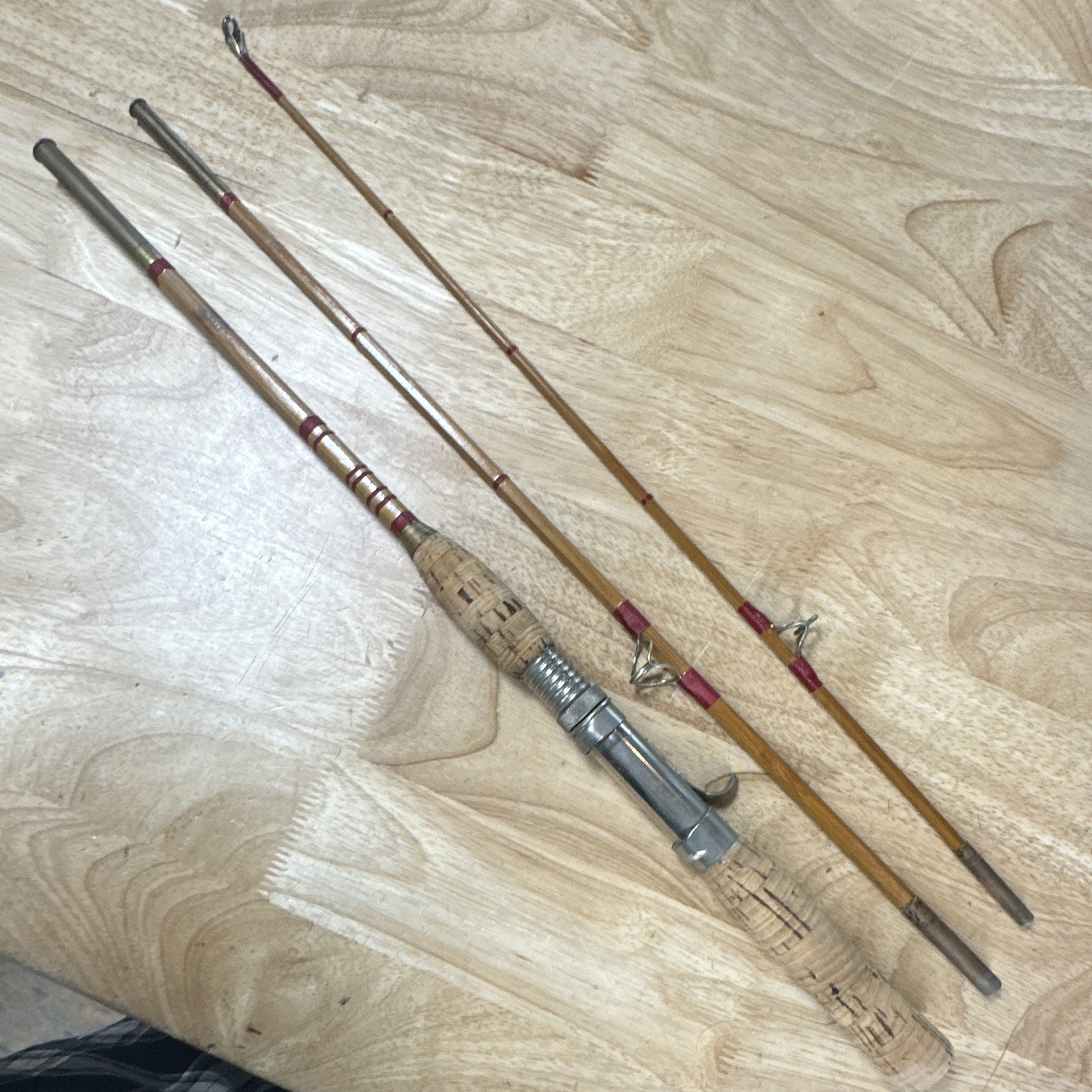Vintage 3-Piece Bamboo casting Rod 5 ft Cork Metal Reel Seat refurbished