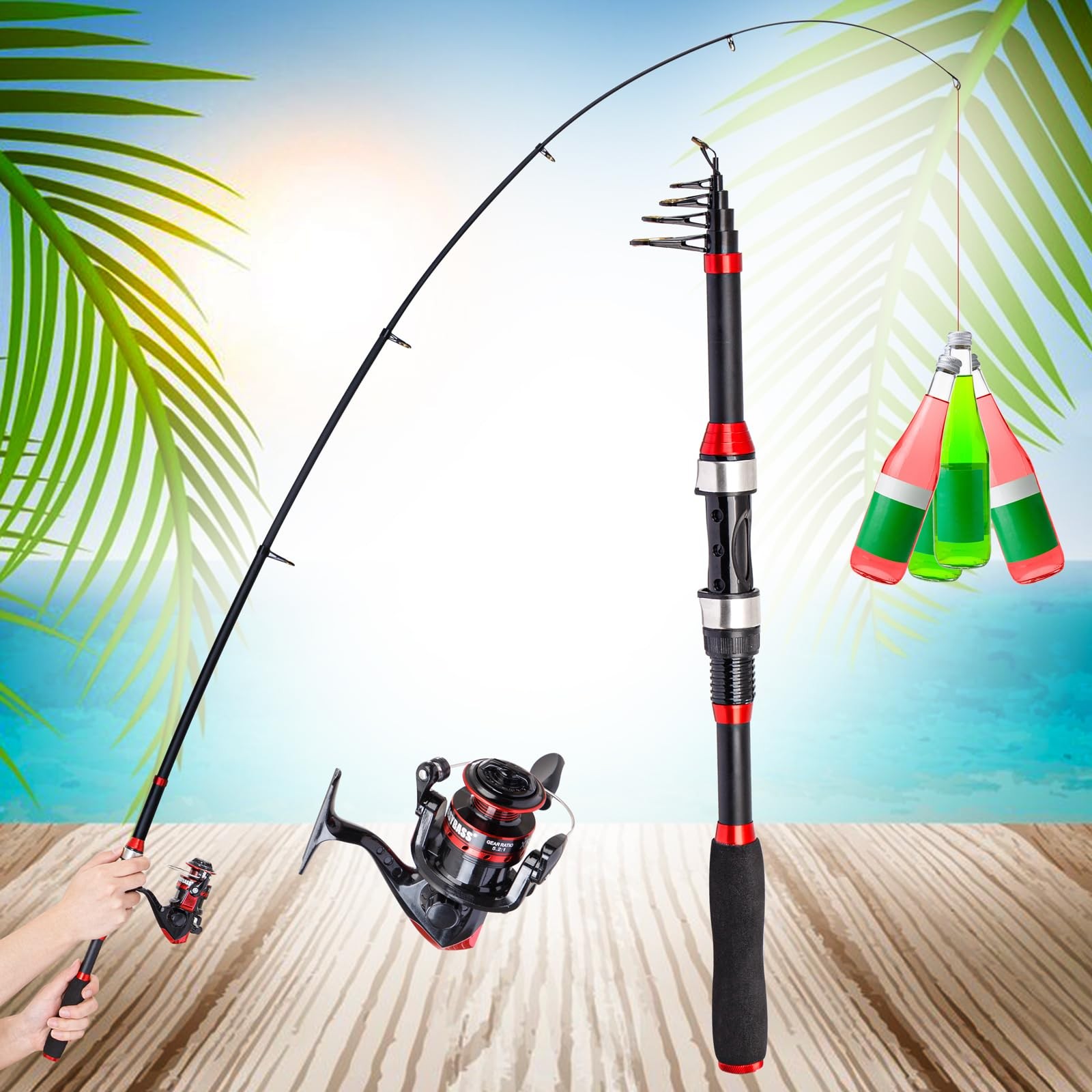 I00000 Black/Red 5.9ft Fiberglass Telescopic Fishing Rod & Reel Combo Kit