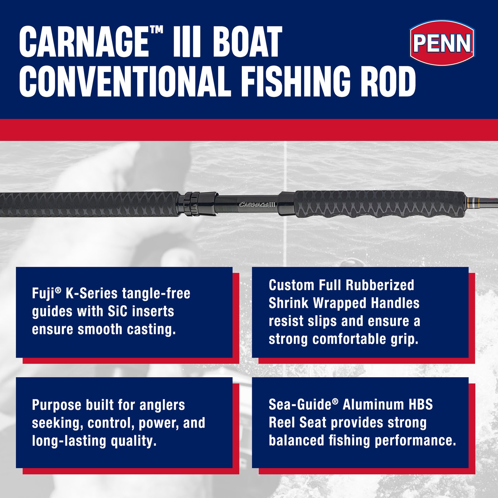 PENN Carnage III Conventional Boat Rod, 6’6″ Fishing Pole, Medium Power