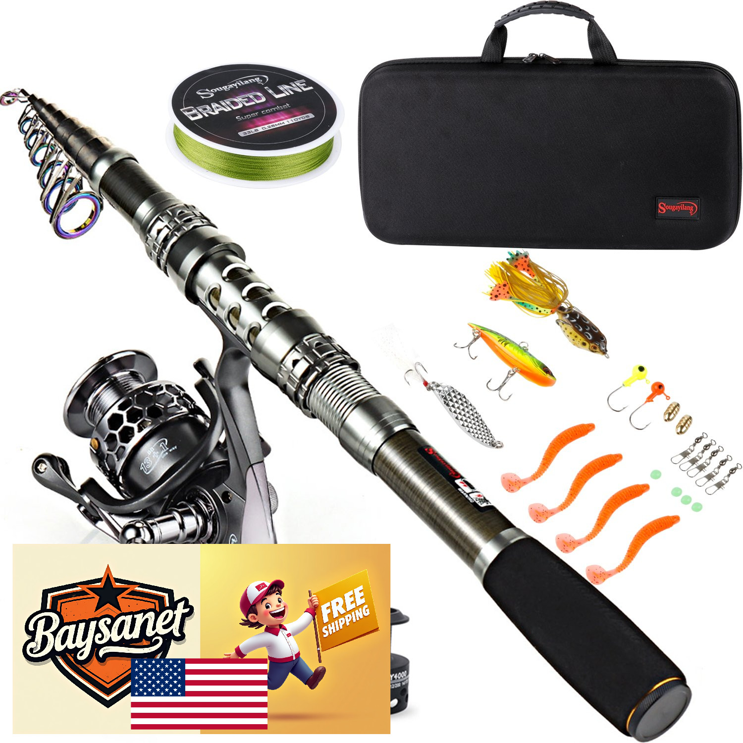 Sougayilang Telescopic Fishing Rod Combo Spincast Reel Travel Bag Lures Line